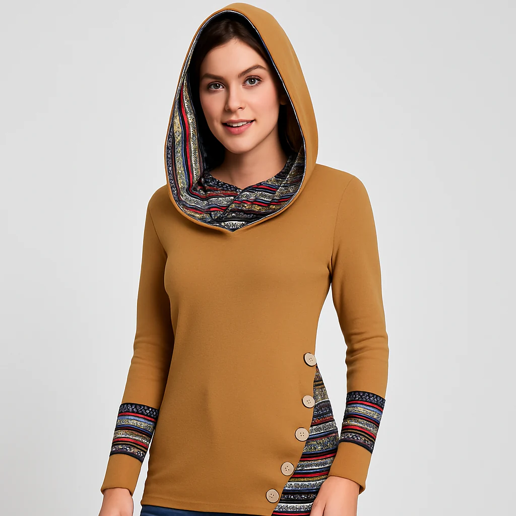 Damen Kapuzenpullover mit Ethno-Streifen – Langarm Hoodie im Patchwork-Stil - Image 5