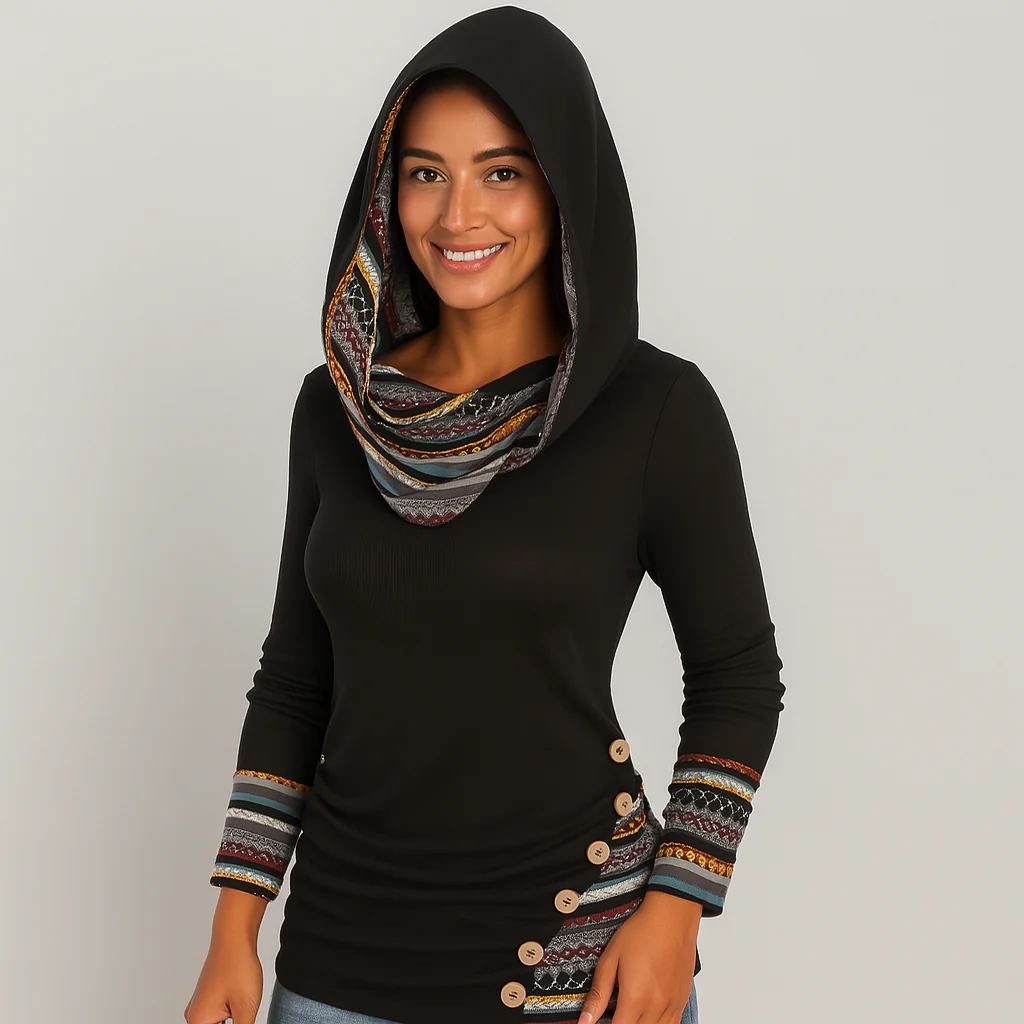 Damen Kapuzenpullover mit Ethno-Streifen – Langarm Hoodie im Patchwork-Stil - Image 6