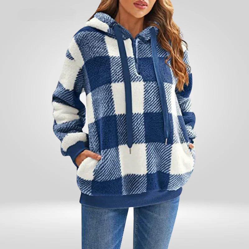 Damen Kapuzenpullover Mit Halbem Reißverschluss Und Karomuster | Strick - Image 2