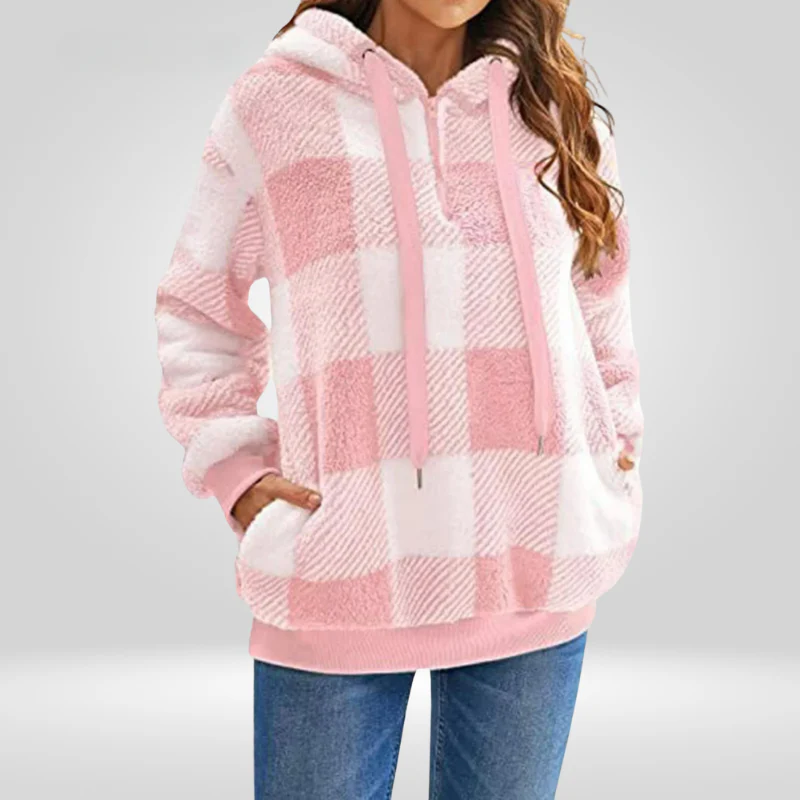 Damen Kapuzenpullover Mit Halbem Reißverschluss Und Karomuster | Strick - Image 3