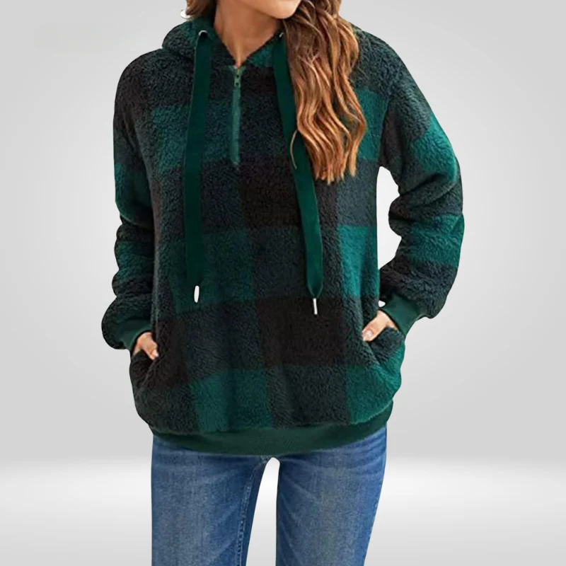 Damen Kapuzenpullover Mit Halbem Reißverschluss Und Karomuster | Strick - Image 4