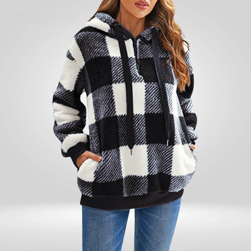 Damen Kapuzenpullover Mit Halbem Reißverschluss Und Karomuster | Strick - Image 5