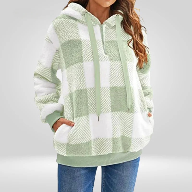 Damen Kapuzenpullover Mit Halbem Reißverschluss Und Karomuster | Strick - Image 6