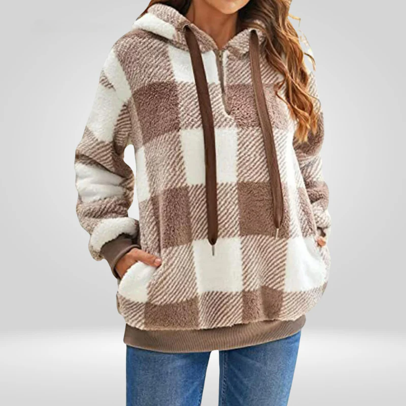 Damen Kapuzenpullover Mit Halbem Reißverschluss Und Karomuster | Strick - Image 7