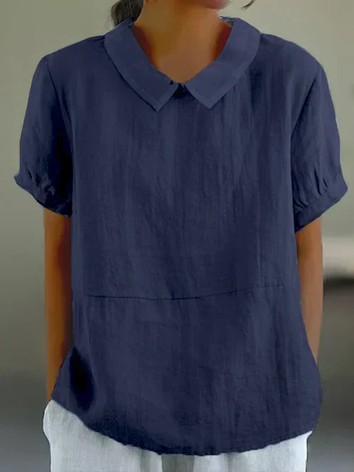 Damen-Leinenbluse mit Bubikragen, Kurzarm, atmungsaktiv - Image 3