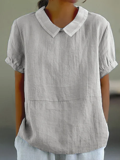 Damen-Leinenbluse mit Bubikragen, Kurzarm, atmungsaktiv - Image 4