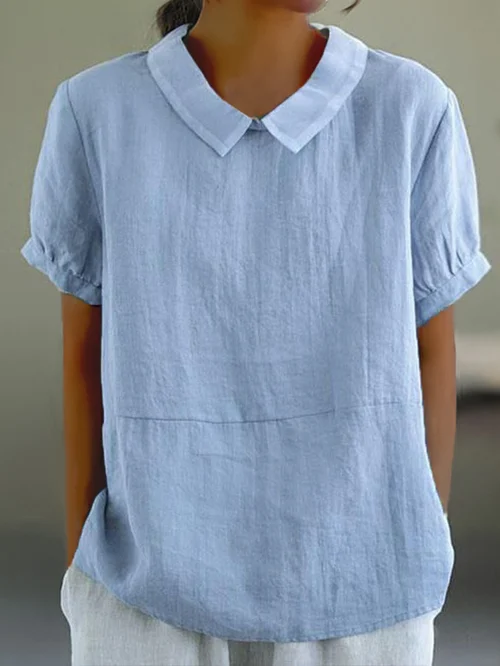 Damen-Leinenbluse mit Bubikragen, Kurzarm, atmungsaktiv - Image 6