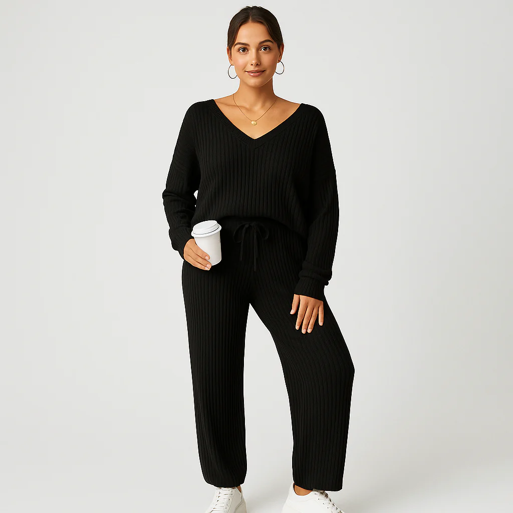 Damen Lounge-Set aus Rippstrick – Unifarbenes V-Ausschnitt-Top & Jogginghose mit Gummibund - Image 2