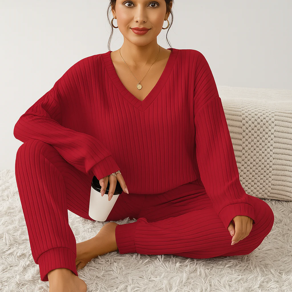 Damen Lounge-Set aus Rippstrick – Unifarbenes V-Ausschnitt-Top & Jogginghose mit Gummibund - Image 3