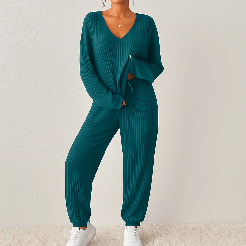 Damen Lounge-Set aus Rippstrick – Unifarbenes V-Ausschnitt-Top & Jogginghose mit Gummibund - Image 4