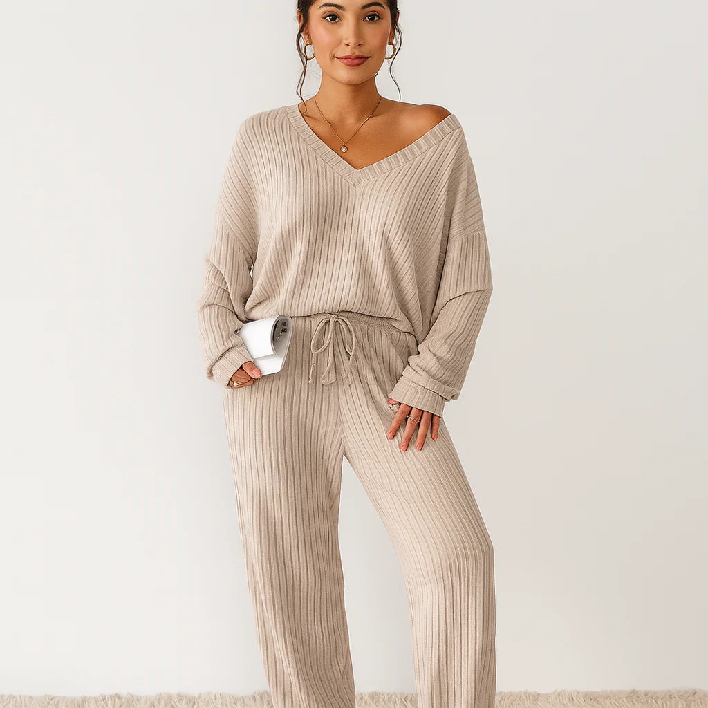 Damen Lounge-Set aus Rippstrick – Unifarbenes V-Ausschnitt-Top & Jogginghose mit Gummibund - Image 5