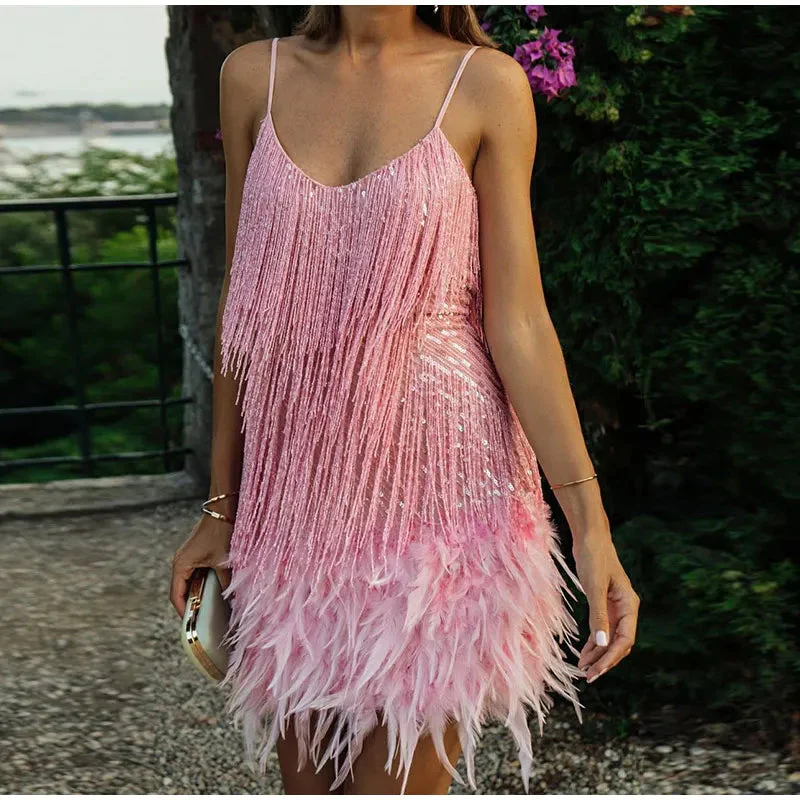 Damen Mini-Kleid Glamourös Mit Pailletten Und Federn - Image 5
