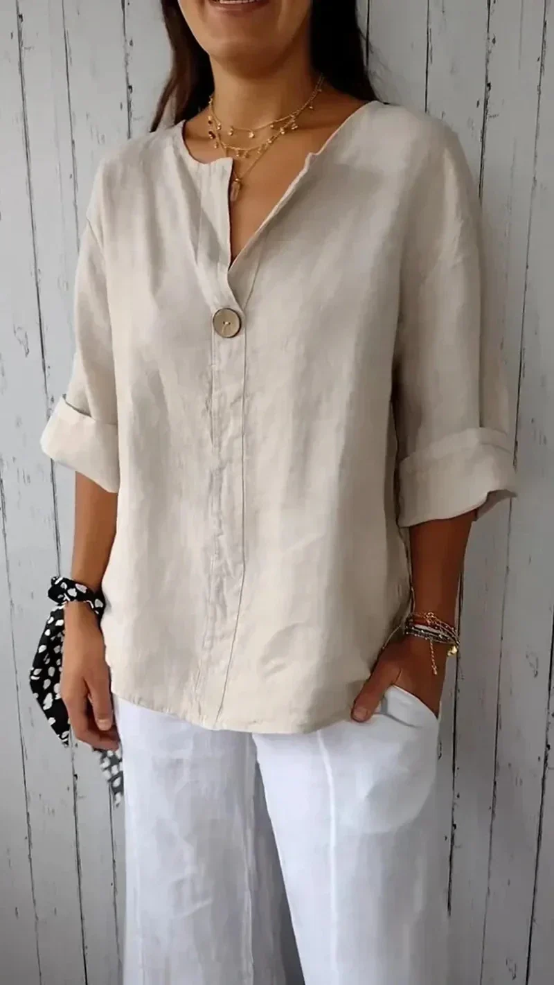 Damen Minimalistisch Button Down Hemd | Weiß und Beige - Image 2