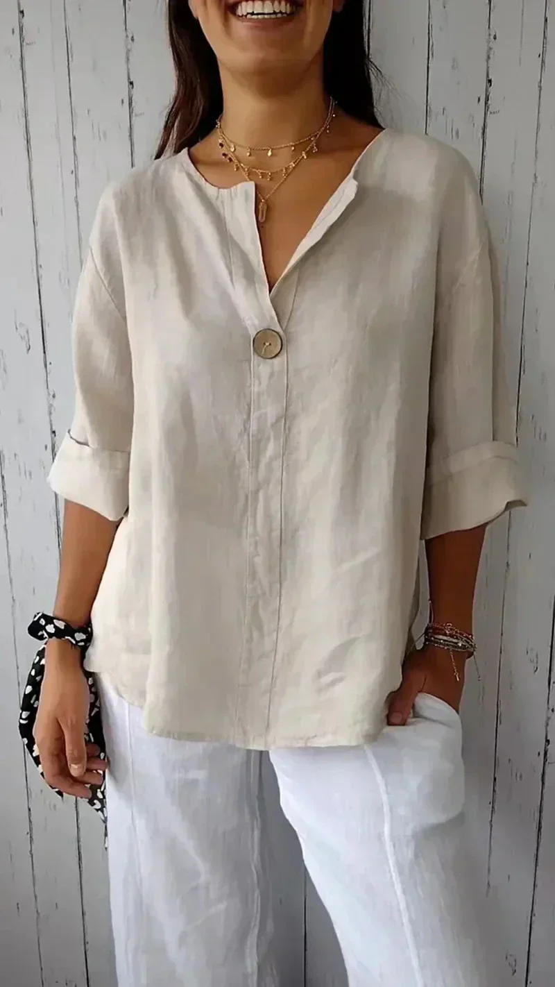 Damen Minimalistisch Button Down Hemd | Weiß und Beige - Image 3