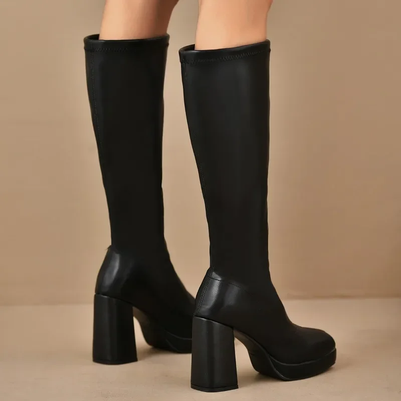 Damen Schwarze Overknee Stiefel | Plateau Klobigem Absatz - Image 6