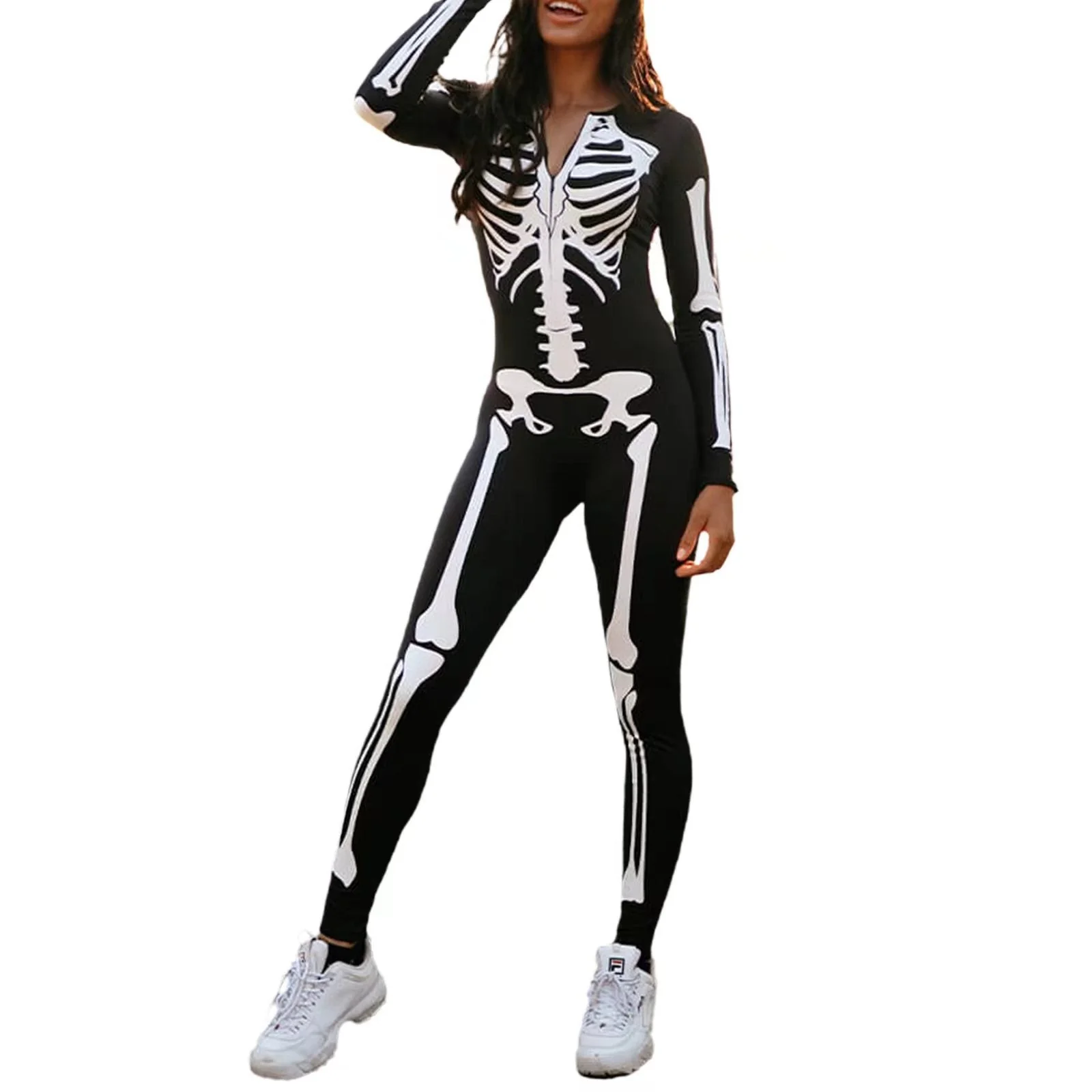 Damen Skelett Halloween-Kostüm Jumpsuit | Einteiler mit Langarm - Image 3