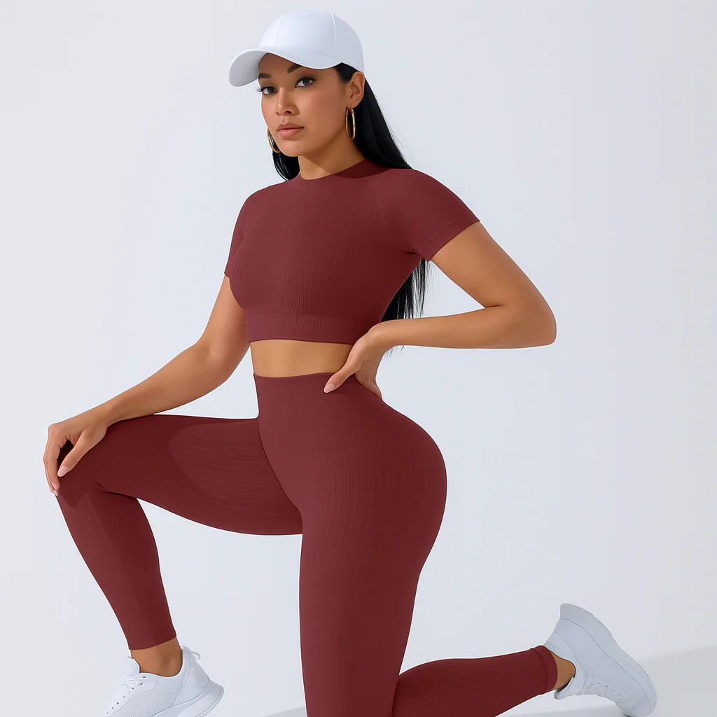 Damen Sportset 2-teilig – Kurzarm Top & High Waist Leggings für Yoga & Pilates - Image 2