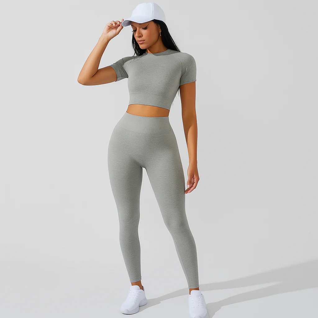 Damen Sportset 2-teilig – Kurzarm Top & High Waist Leggings für Yoga & Pilates - Image 3