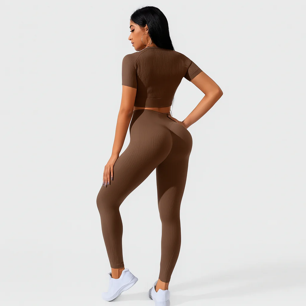 Damen Sportset 2-teilig – Kurzarm Top & High Waist Leggings für Yoga & Pilates - Image 4
