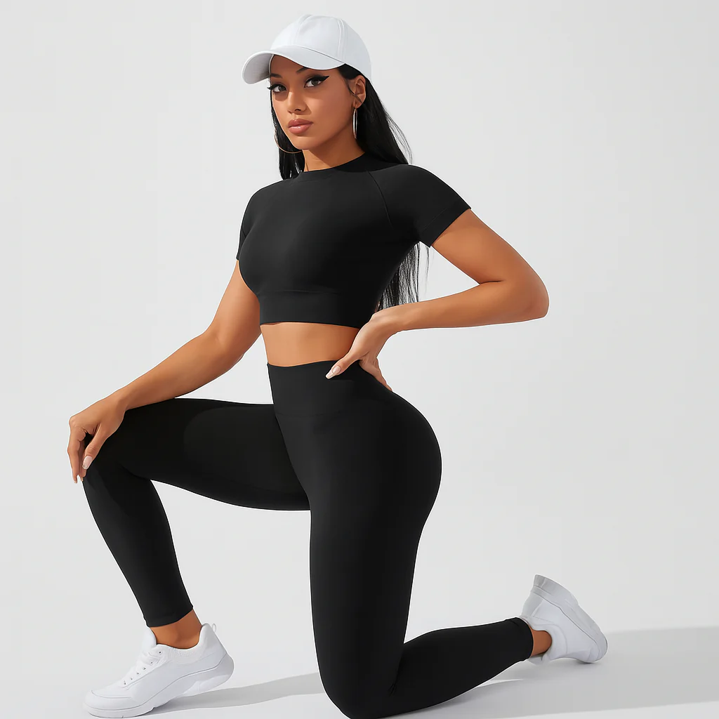 Damen Sportset 2-teilig – Kurzarm Top & High Waist Leggings für Yoga & Pilates - Image 5