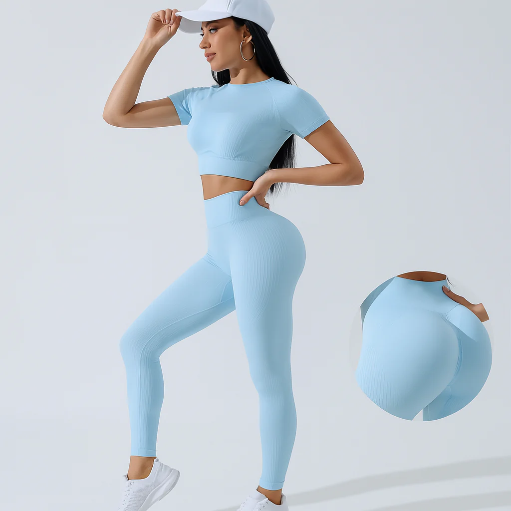 Damen Sportset 2-teilig – Kurzarm Top & High Waist Leggings für Yoga & Pilates - Image 6