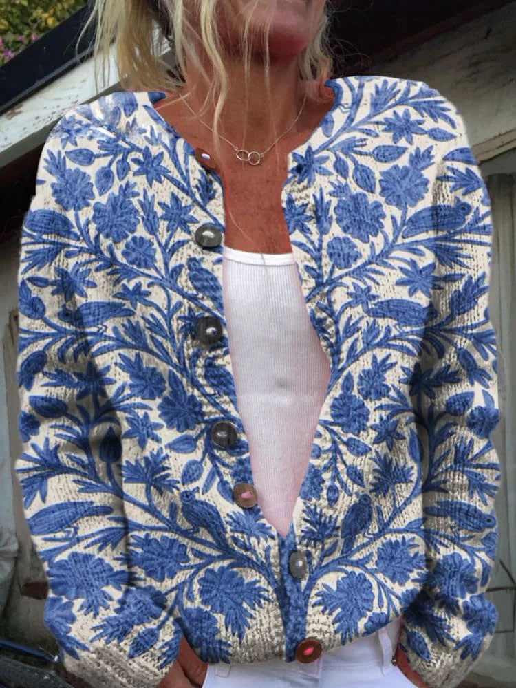 Damen Strickjacke mit Blumenmuster | Rundhalsausschnitt - Image 4