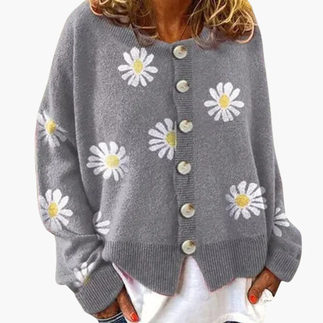 Damen Strickjacke mit Knopfverschluss und Blumenmuster - Image 2