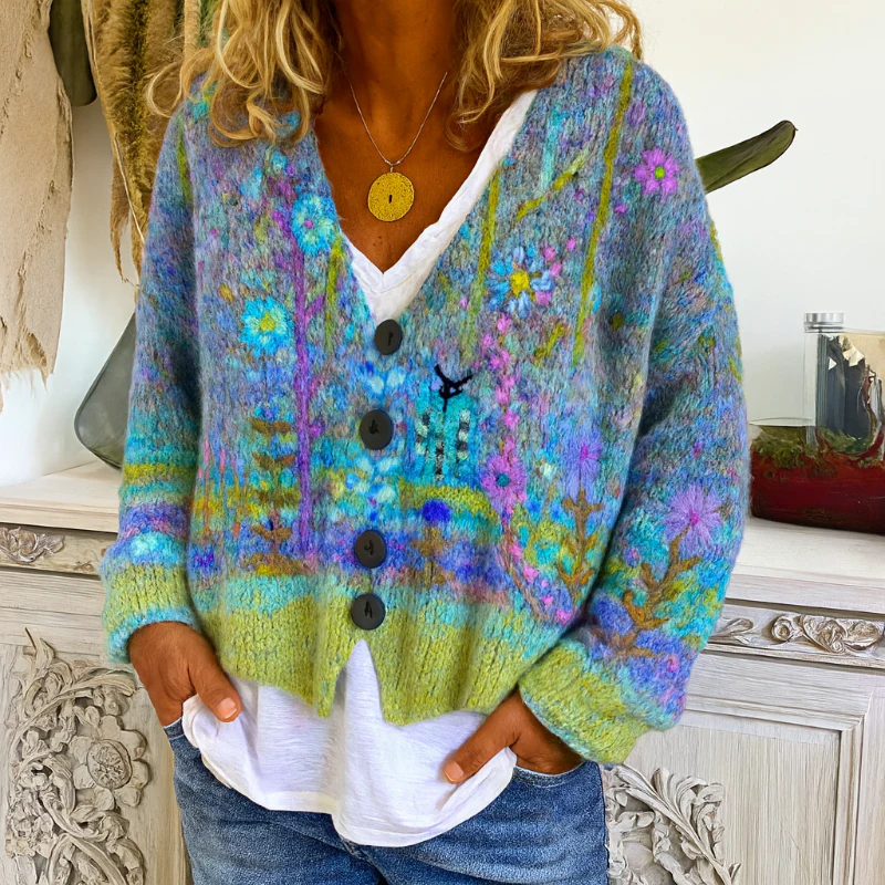 Damen-Strickjacke zum Knöpfen mit buntem Blumenmuster und V-Ausschnitt - Image 3