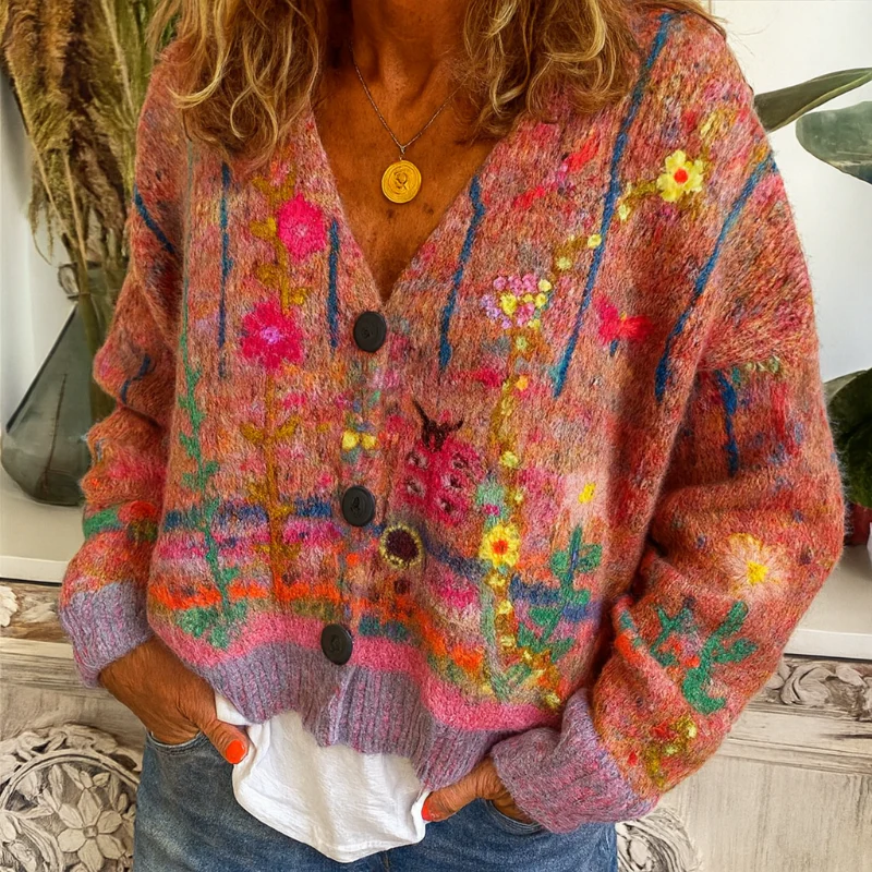 Damen-Strickjacke zum Knöpfen mit buntem Blumenmuster und V-Ausschnitt - Image 4