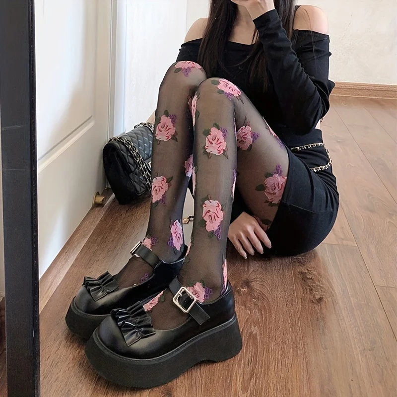 Damen Strumpfhose mit Rosenblüte Gemusterte | Vintage - Image 3