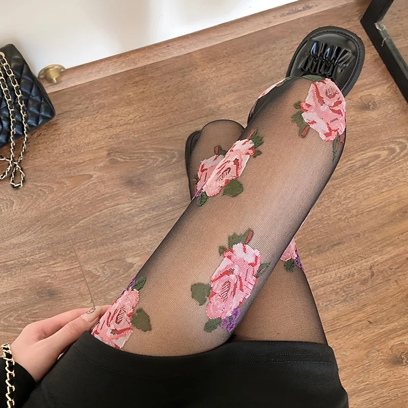 Damen Strumpfhose mit Rosenblüte Gemusterte | Vintage - Image 4