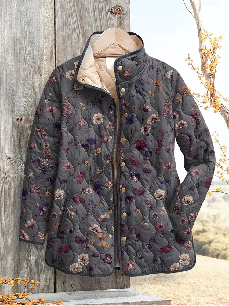 Damen Vintage Blumenmuster Freizeit Steppjacke - Image 2