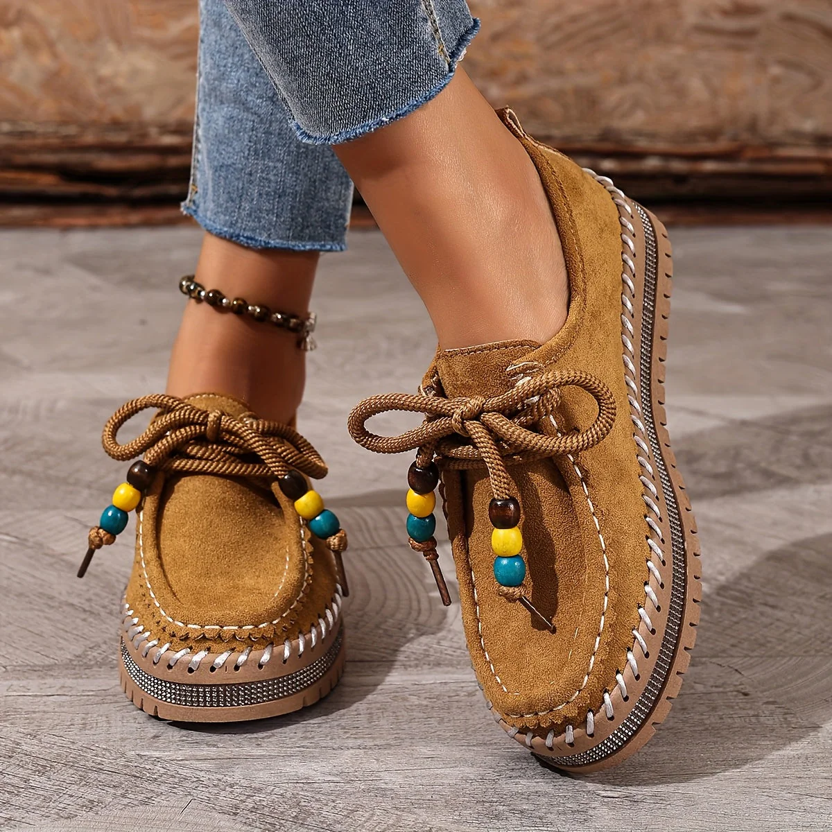 Damen Vintage Perlen Schnür Schuhe - Image 3