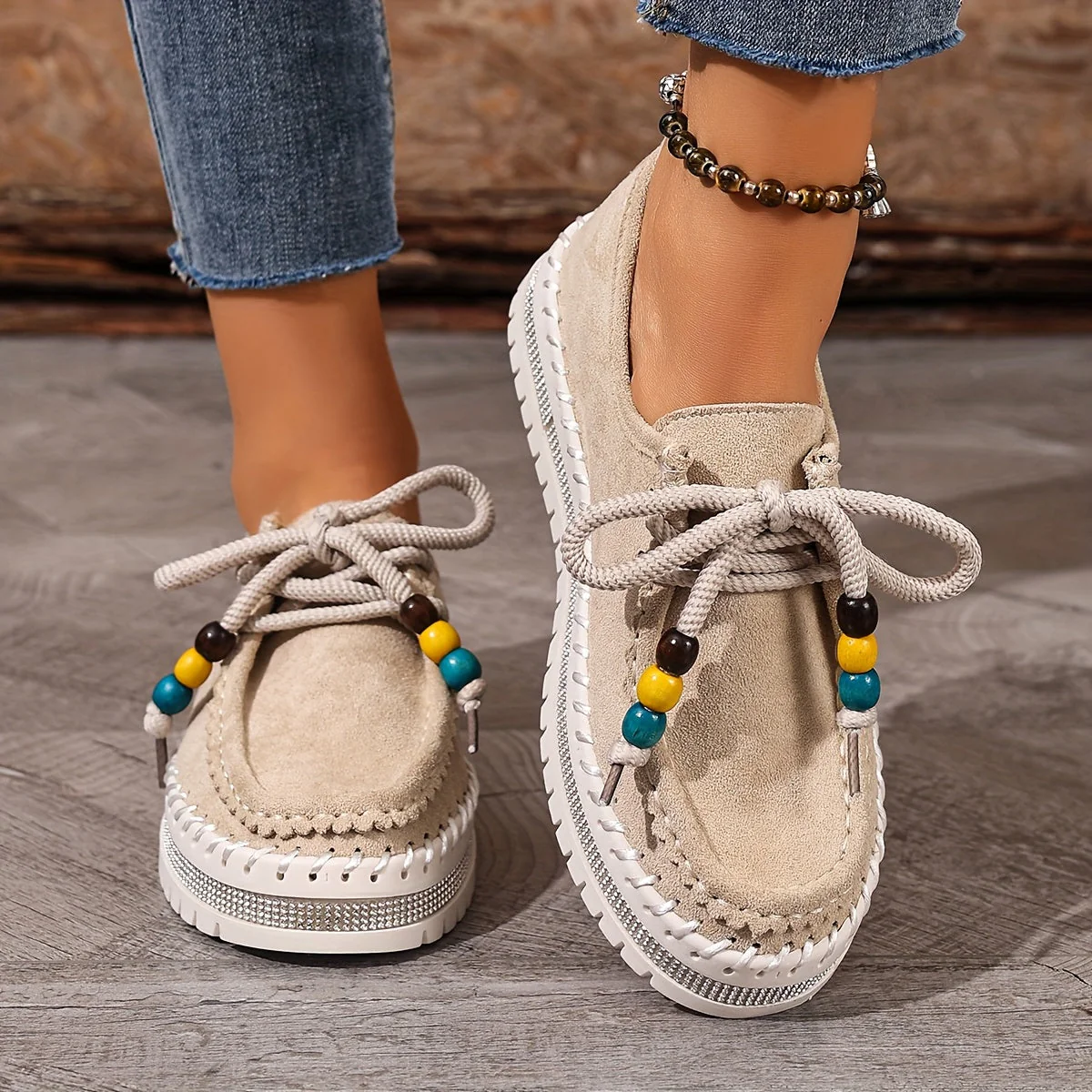 Damen Vintage Perlen Schnür Schuhe - Image 6