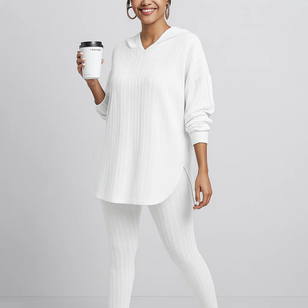 Damen Zweiteiler aus Rippstrick – Kapuzenpullover mit langen Ärmeln & Skinny Hose – Lässiges Freizeit-Outfit - Image 2