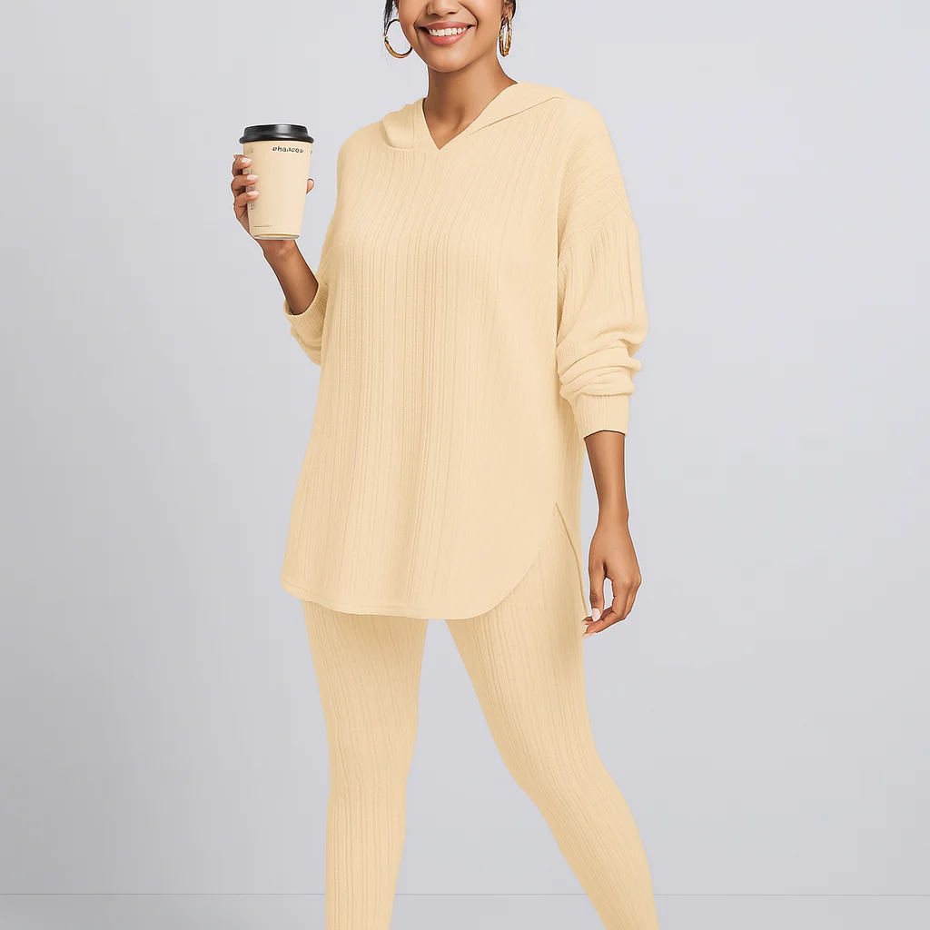 Damen Zweiteiler aus Rippstrick – Kapuzenpullover mit langen Ärmeln & Skinny Hose – Lässiges Freizeit-Outfit - Image 3