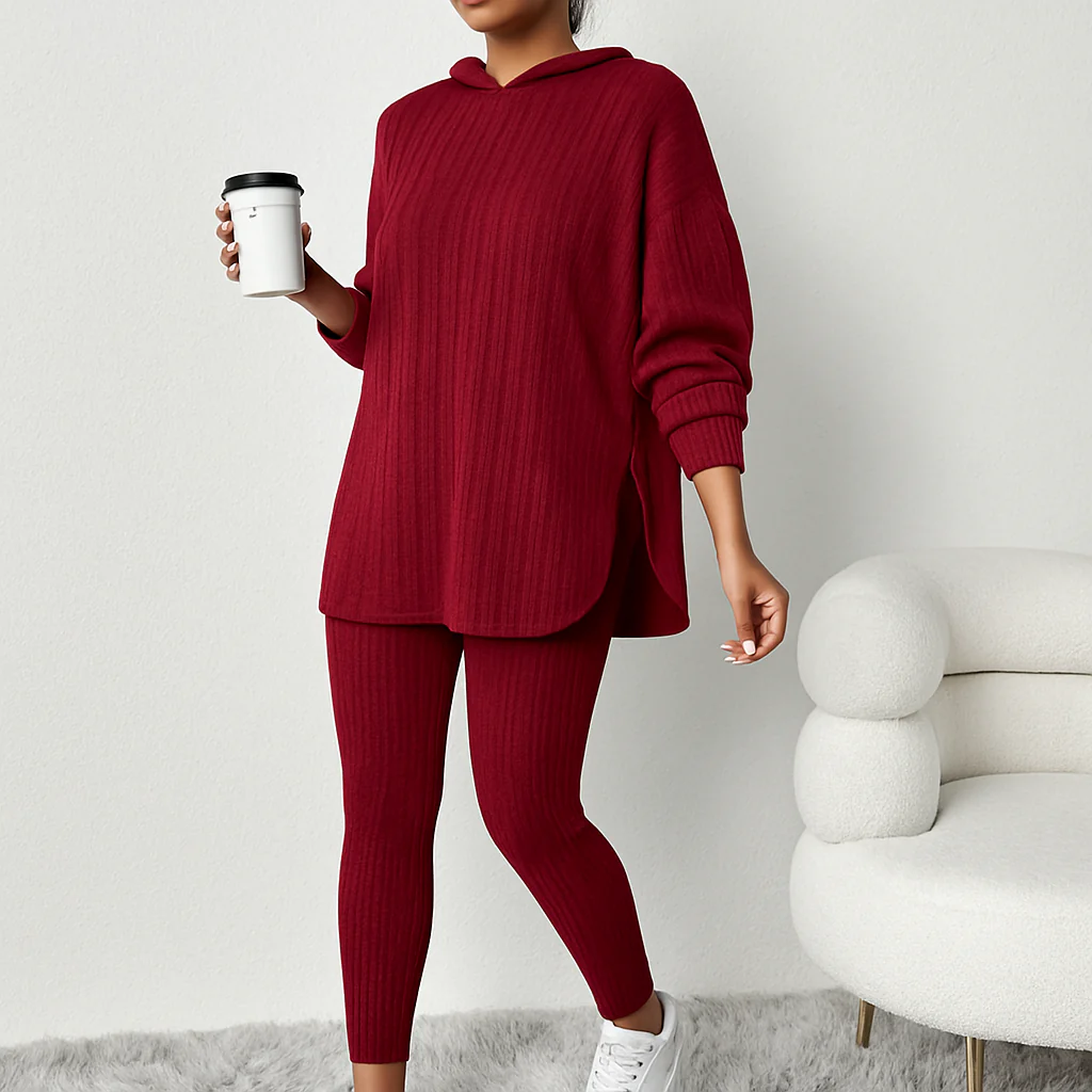 Damen Zweiteiler aus Rippstrick – Kapuzenpullover mit langen Ärmeln & Skinny Hose – Lässiges Freizeit-Outfit - Image 5
