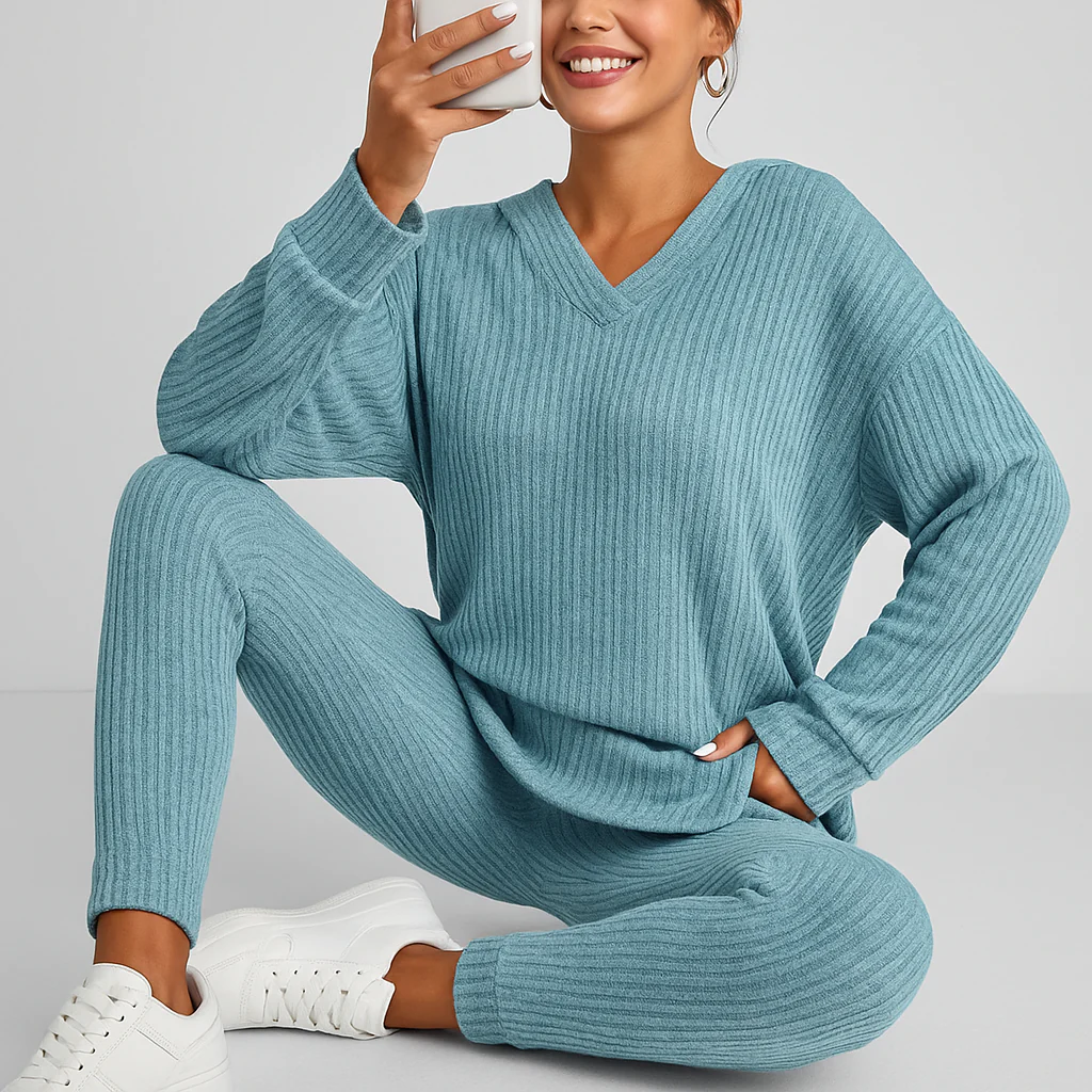 Damen Zweiteiler aus Rippstrick – Kapuzenpullover mit langen Ärmeln & Skinny Hose – Lässiges Freizeit-Outfit - Image 6