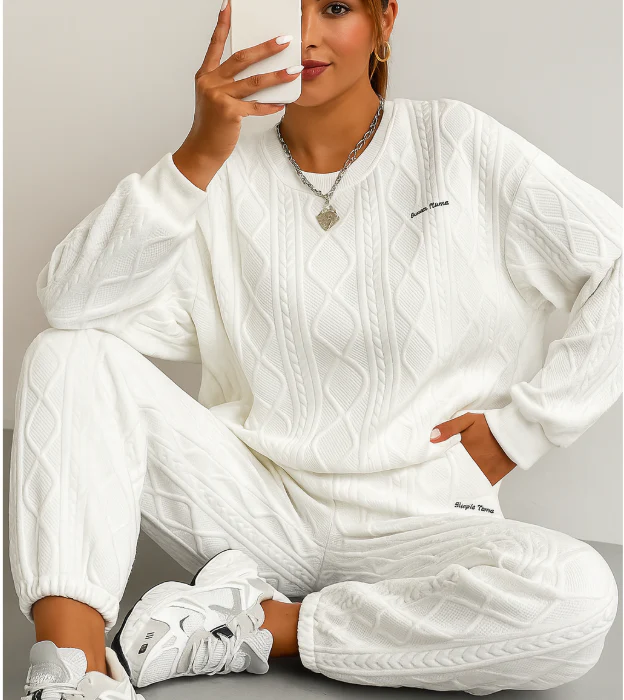 Damen Zweiteiler aus Strukturstoff – Langarm-Sweatshirt & Jogginghose – Lässig & Bequem - Image 2
