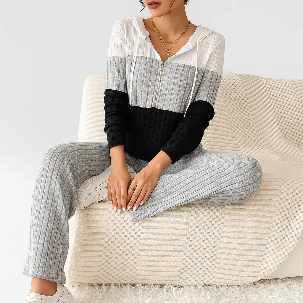 Damen Zweiteiler mit Reißverschluss – Gestreiftes Top & High-Waist Hose mit weitem Bein - Image 3