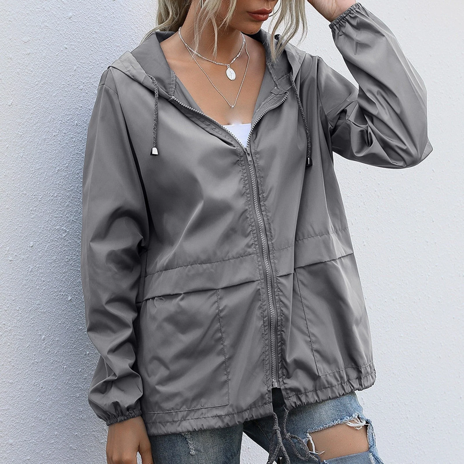 Damenjacke Wasserdicht mit Reißverschluss und Kapuze Stylish und Praktisch