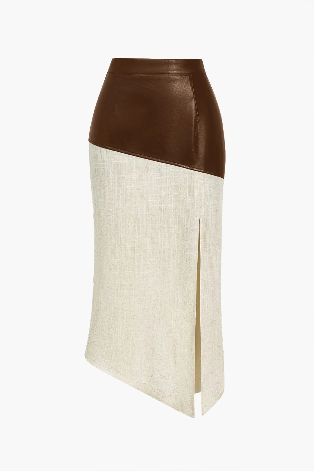 Danica | Eleganter Midirock mit asymmetrischem Kunstleder und Leinen-Design - Image 6