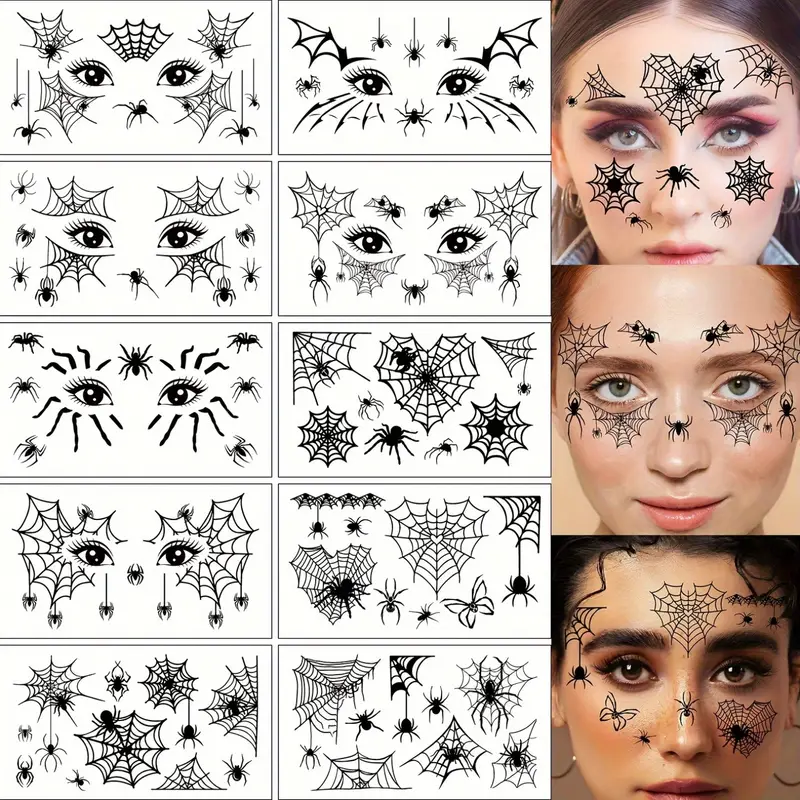 DarkAura | 10er-Pack Halloween Fake Tattoo Aufkleber – Schwarze Spinnennetzmuster für Gesicht, Arme und Partydekoration - Image 3