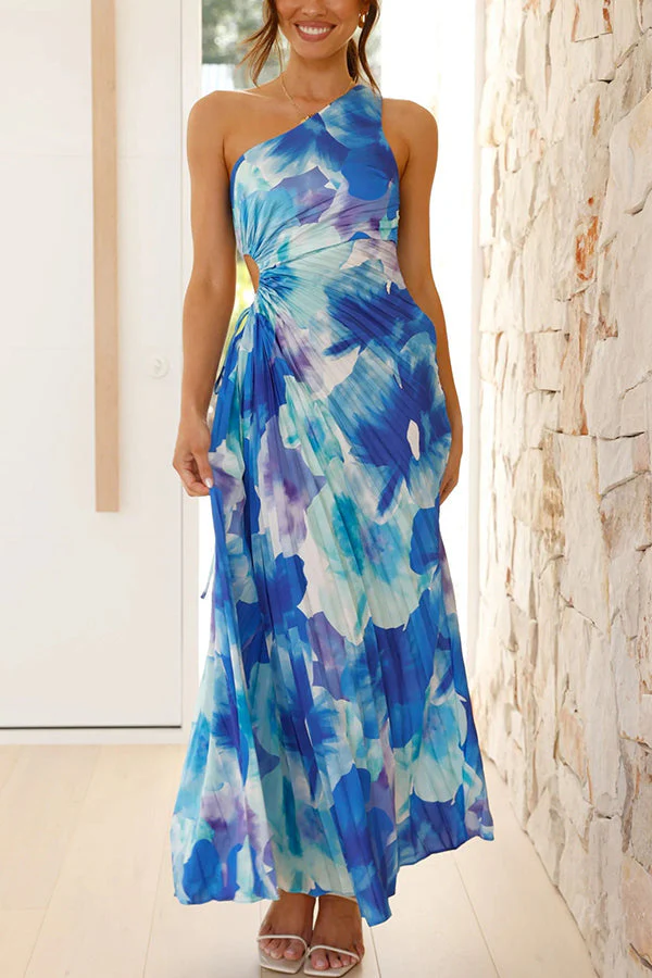 Deja -  Blumenmuster  Ein-Schulter Falten Maxi Kleid - Image 2