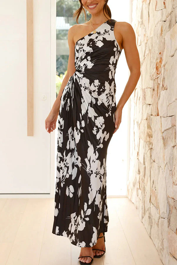 Deja -  Blumenmuster  Ein-Schulter Falten Maxi Kleid - Image 3