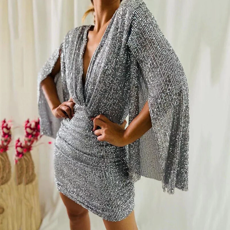 Diane- Damen Funkelndes Minikleid mit weiten Ärmeln - Image 6