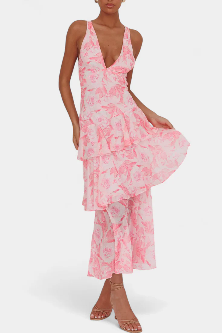 Domenica V-Ausschnitt Chiffonkleid mit eleganten, fließenden Lagen - Image 4