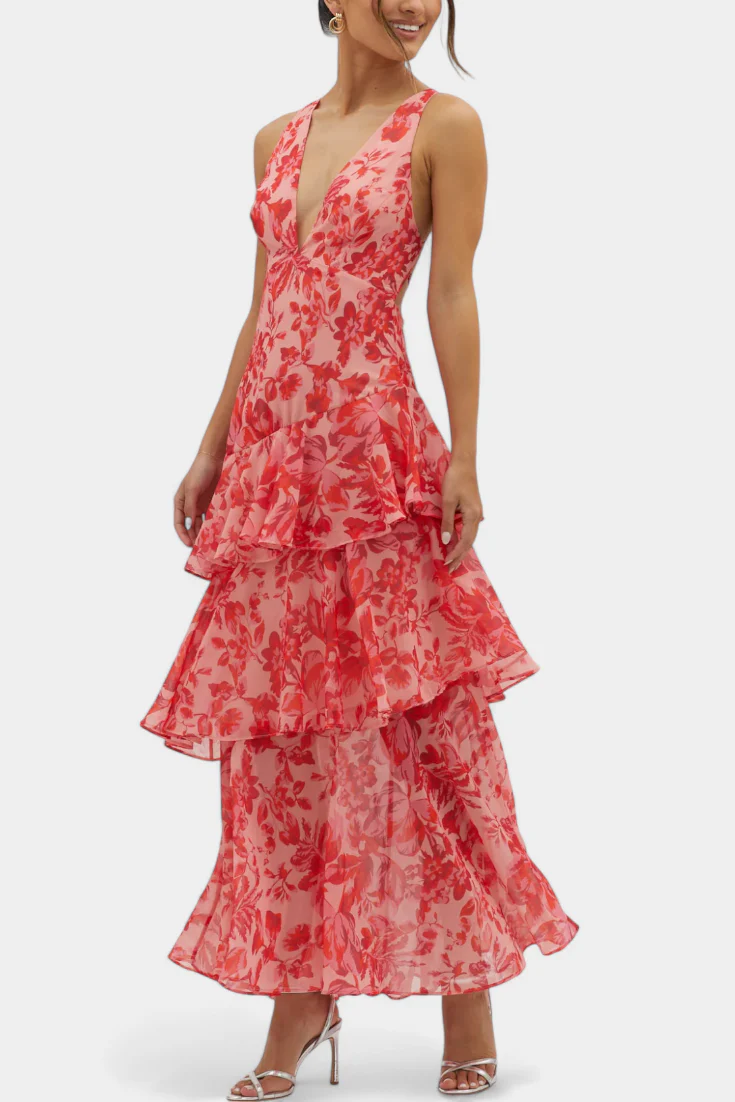 Domenica V-Ausschnitt Chiffonkleid mit eleganten, fließenden Lagen - Image 5