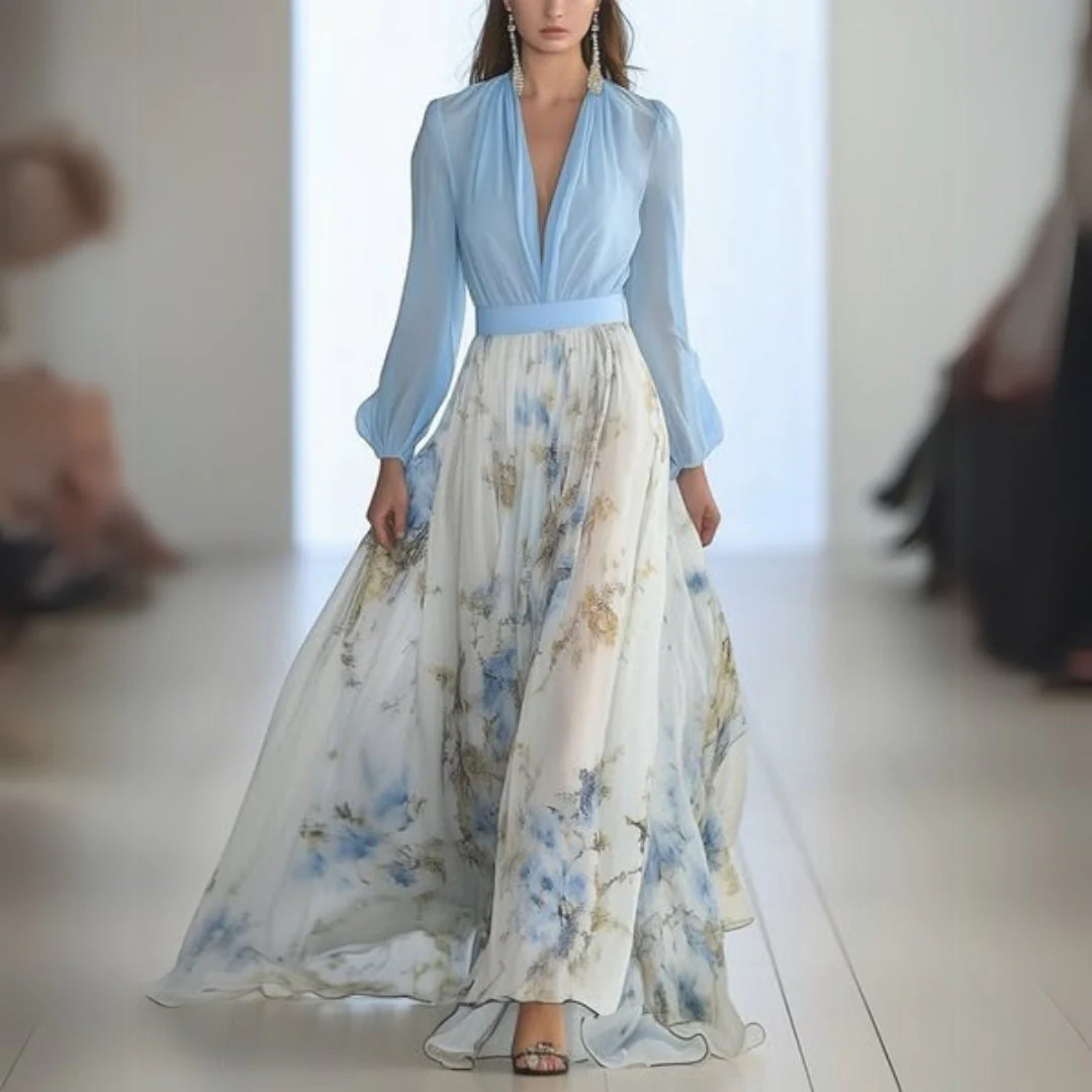 Doris Damen Blumen V-Neck Maxi Kleid - Image 3