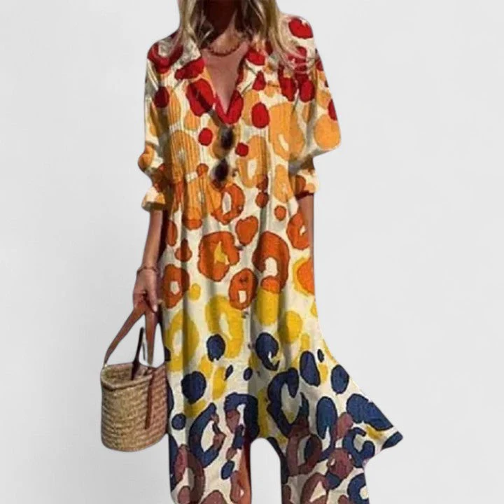 Edith | Damen Blumen Knopfleiste Vorne Midi Kleid - Image 2